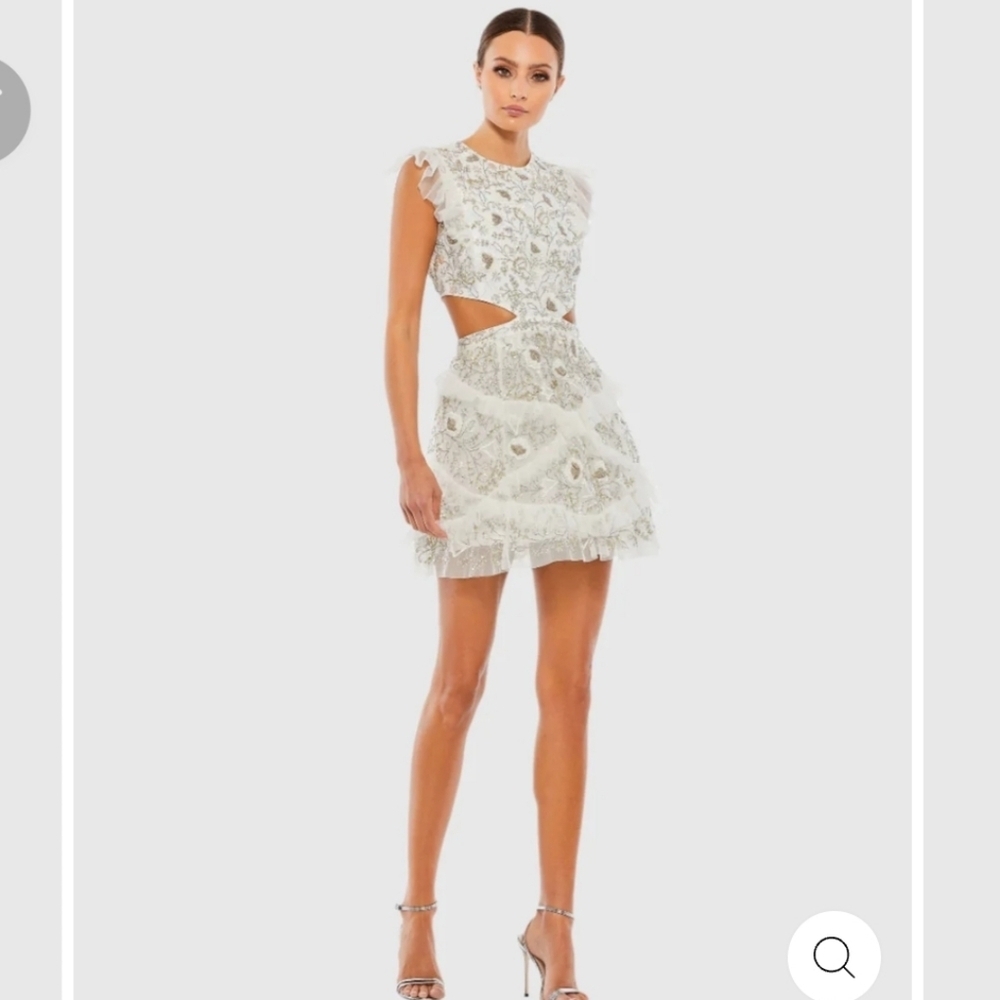 Mac Duggal EMBELLISHED JEWEL NECK TULLE RUFFLE MINI DRESS size 4 Ivory